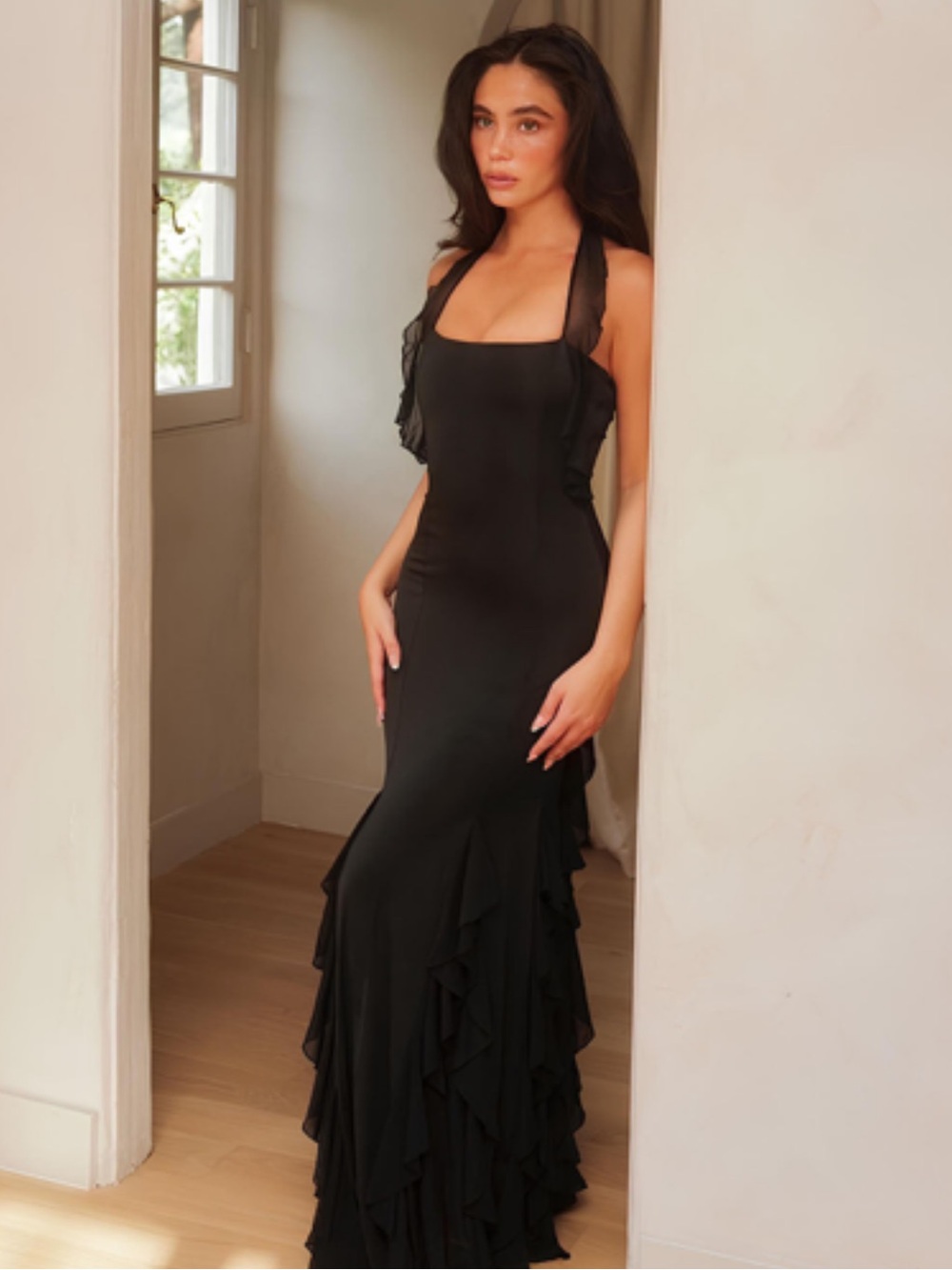 Meshki Etta Ruffle Slinky Maxi Dress - Black